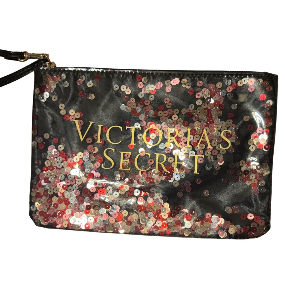 Victoria Secret Confetti Sequin Floating Red Black Wristlet Clutch Cosmetic Bag‎